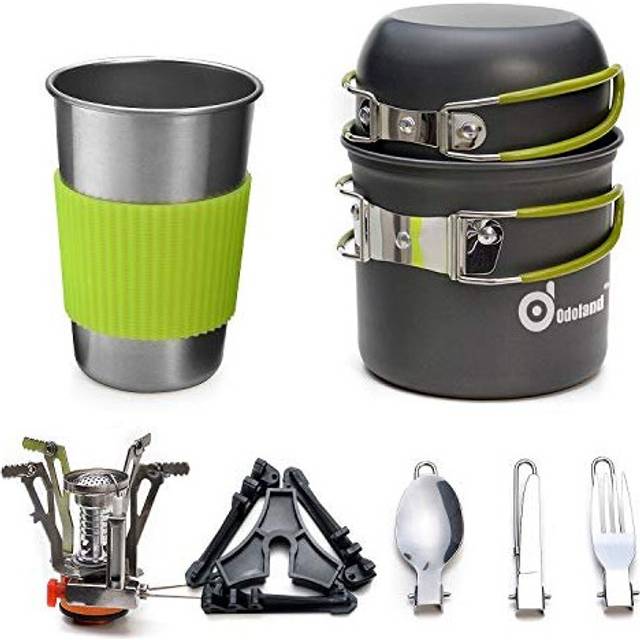 Odoland Campingservisset i 9 delar utomhus köksredskap aluminium camping krukor bägare vikbara bestick mini campingspis för utomhus picknick vandring