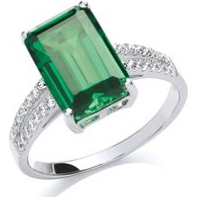 (R) Jewelco London Ladies Rhodium Sterling Silver Green Emerald Cut CZ Shoulder-Set 4 Claw Solitaire Engagement Ring