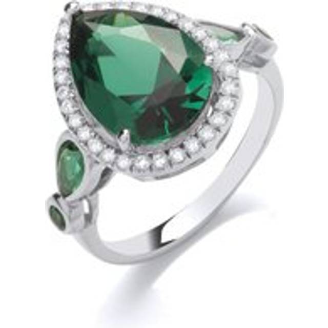 (Q) Jewelco London Sterling Silver CZ & Created Emerald Pear Drop Ring Cocktail Ring - GVR889