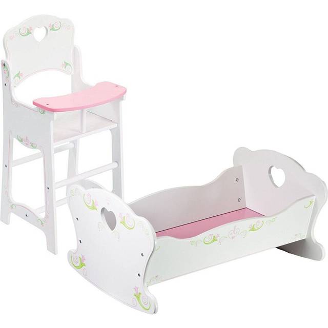 The Magic Toy Shop Dolls Wooden High Chair and Dolls Rocking Cradle Cot Bed Crib Doll Furniture Set