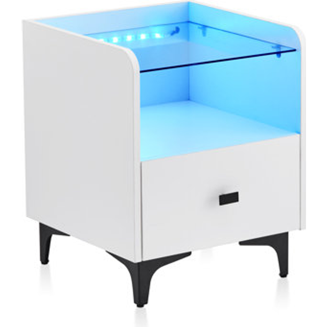 Clipop - Bedside Table with Charging Station,1 Drawer Nightstand Storage Unit with 16 Color led Lights,Tempered Glass Top and Metal Legs, Smart Side
