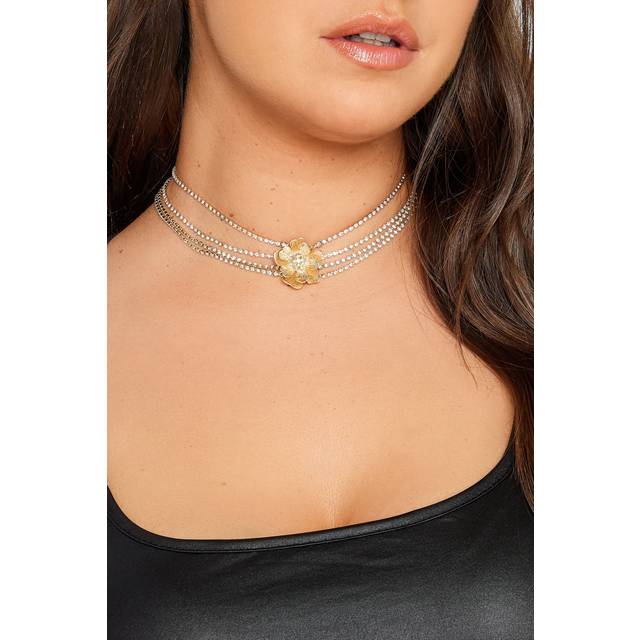 Gold Tone Layered Diamante Flower Choker Necklace - One Size