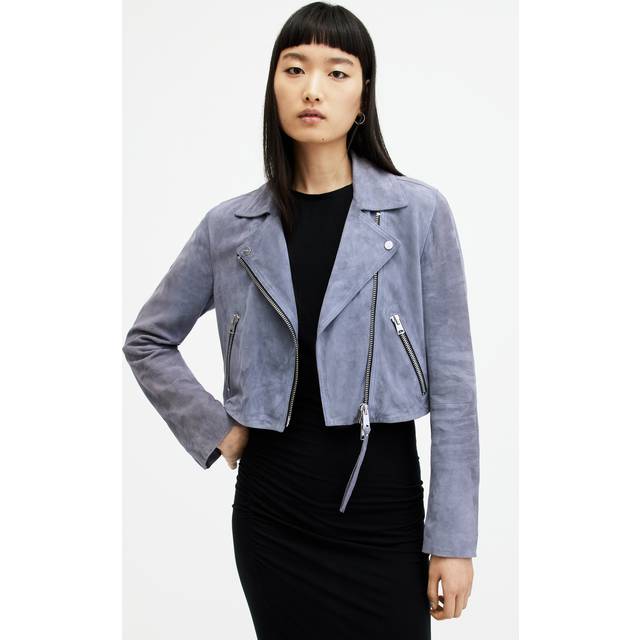 Allsaints Womens Pale Denim Blu Dalby Cropped Suede Biker Jacket 6 - PALE DENIM BLU