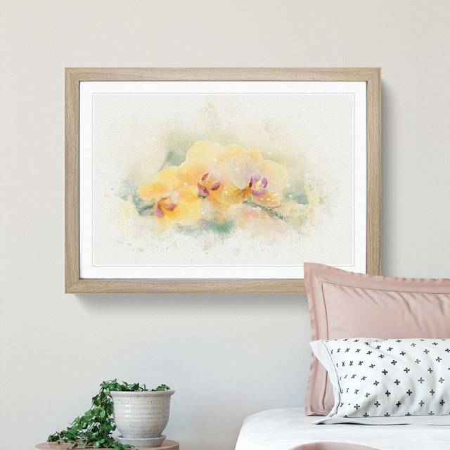 Yellow Orchids in Abstract - Picture Frame Graphic Art Print - Oak (35cm H x 50cm W x 2cm D)