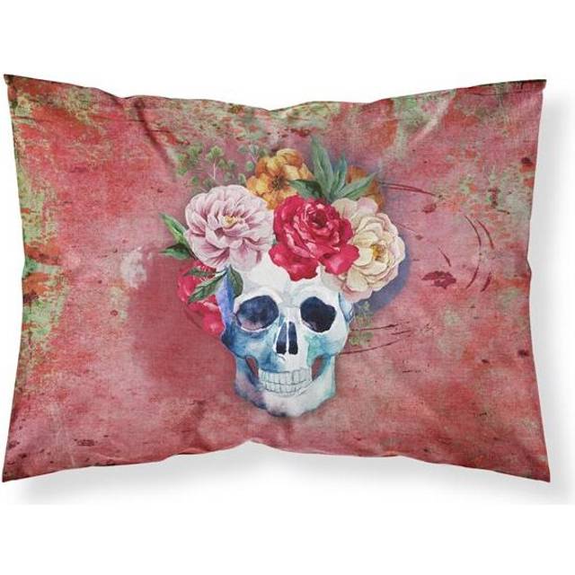 Day of the Dead Red Flowers Skull Fabric Standard Pillowcase
