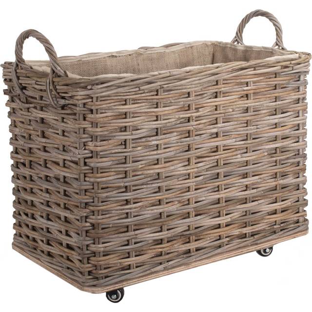 Wheeled Rattan Hessian Lined Log Basket - Small