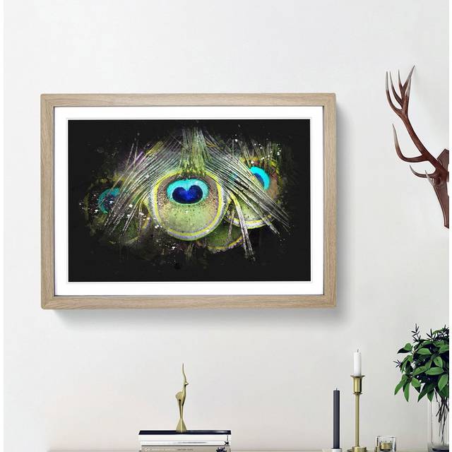 Peacock Feathers - Picture Frame Graphic Art Print - Oak Framed (24cm H x 33cm W x 2cm D)