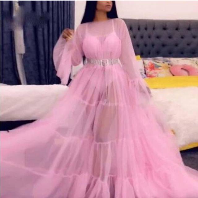 (34, Pink) Saudi Arabian Wedding Guest Dress With Sleeve Pink Sheer Prom Gown No Belt vestido longo A Line Prom Gowns Tulle Personalized