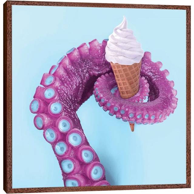 Octopus Ice Cream by Paul Fuentes - Graphic Art Print on Canvas - Brown Framed (45.72 cm H x 45.72 cm W x 4.445 cm D)