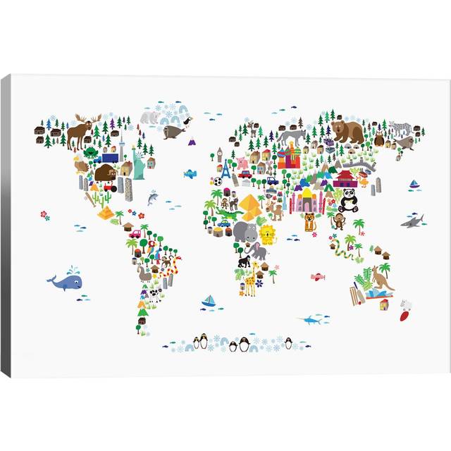 Animal Map of the World by Michael Tompsett - Graphic Art Print on Canvas - No Frame (66.04 cm H x 45.72 cm W x 3.175 cm D)