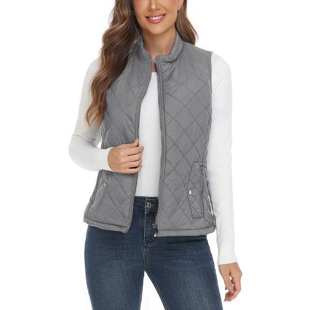 YESLIFE 2023 Light Grey Women's Outwear Quilted Vest With One Inside Pocket - Stand Collar Lightweight Padded Gilet for Women S