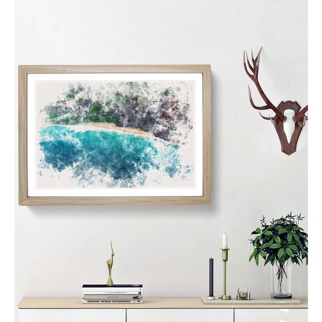 Beach in Hawaii Watercolour - Picture Frame Graphic Art Print - Oak Framed (62cm H x 87cm W x 2cm D)