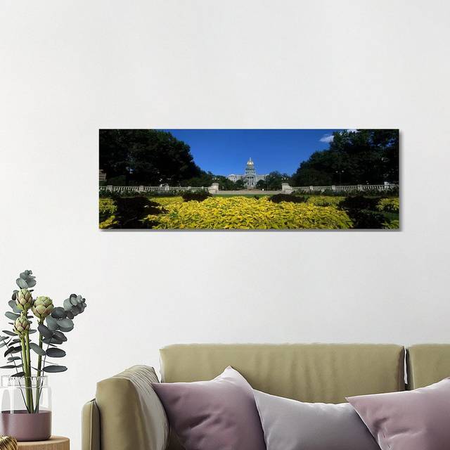 Garden in Front of a State Capitol Building, Civic Park Gardens, Denver - Wrapped Canvas Panoramic Photograph (121.92 cm H x 40.64 cm W x 3.175 cm D)