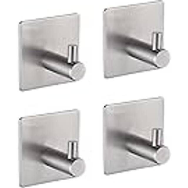 MK34251A Self Adhesive Hooks, 4 Pack Sticky on Hooks Heavy Duty, Towel Wall Door Hooks for Bathroom or Kitchen, Silver