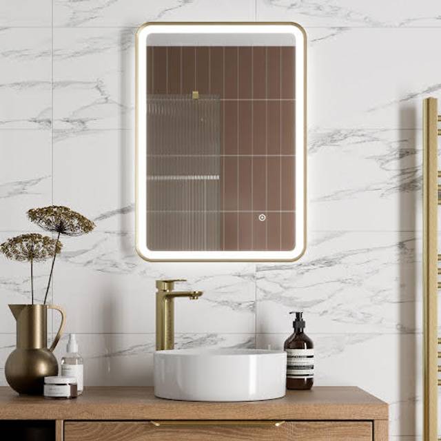 Rectangular led mirror with demister - 500 x 700mm brushed brass bathroom