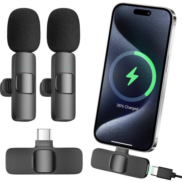 aLLreLi Mics for iPhone 15, 2 Pack Wireless Lavalier Microphone for iP15 Pro/Max - Plug-Play Crystal