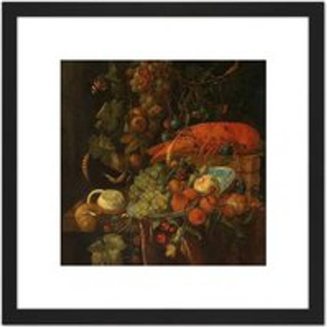 De Heem Still Life Fruit And A Lobster Painting 8X8 Inch Square Wooden Framed Wall Art Print Picture with Mount - Black - One Size