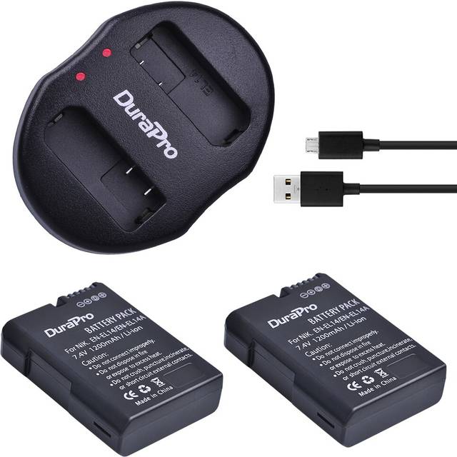 Durapro 2pc 1200 mah en -el14 en el14 batteri + dubbel laddare för nikon eos d5500, d5300, d3300, d5100, d5200, d3100, d3200 batteri - 2 batteripaket
