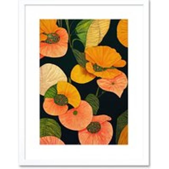 Wall Art Print Modern Tropical Lake Flowers Orange Yellow Peach Cream Warm Colours on Dark Green Artwork Framed 9X7 Inch - White - W7 inch x H9 inch