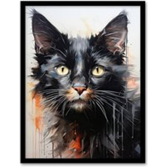 Wall Art Print Portrait of a Black Kitten Drip Paint Oil Painting Orange Grey Cream Cat Lover Artwork Framed - A4
