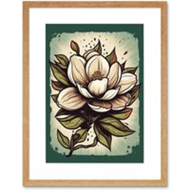 Wall Art Print Old School Magnolia Flower USA Tattoo Ink Body Art Rockabilly Americana 50s Artwork Framed 9X7 Inch - Beige - W7 inch x H9 inch