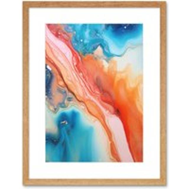 Wall Art Print Abstract Blue and Orange Fluid Flow Painting Water Meets Oil Artwork Framed 9X7 Inch - Beige - W7 inch x H9 inch