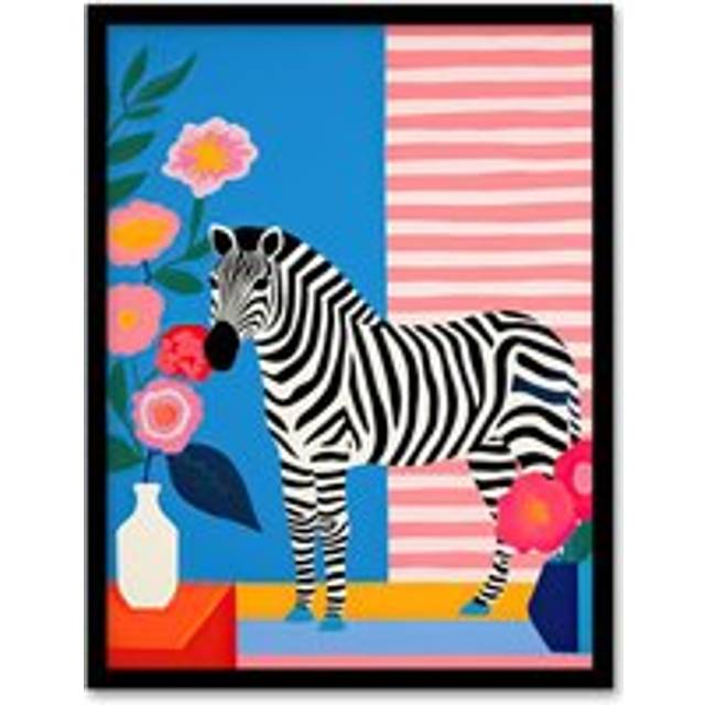 Wall Art Print Stripe Harmony Vibrant Painting Whimsical Scene with a Zebra in a Striped Room Surrounded by Blooming Flowers Artwork Framed - Multi - - A4