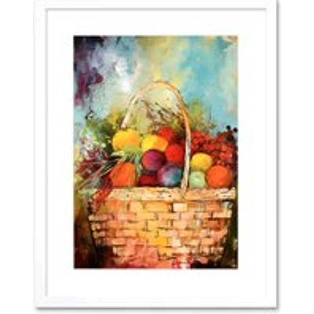 Wall Art Print Hand Woven Basket Filled with Fruit and Herbs Artwork Framed 9X7 Inch - White - W7 inch x H9 inch