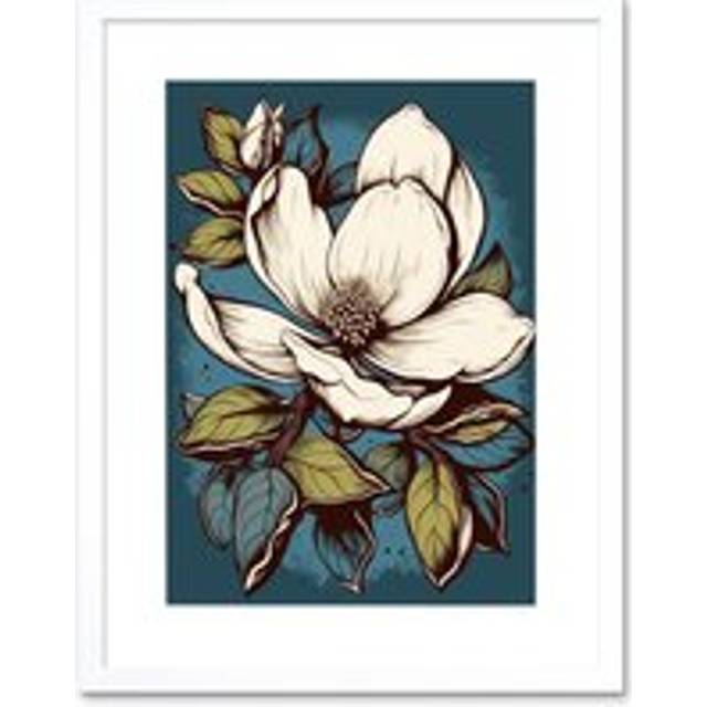 Wall Art Print Magnolia Flower Old School USA Tattoo Ink Body Art Rockabilly Americana 50s Artwork Framed 9X7 Inch - White - W7 inch x H9 inch