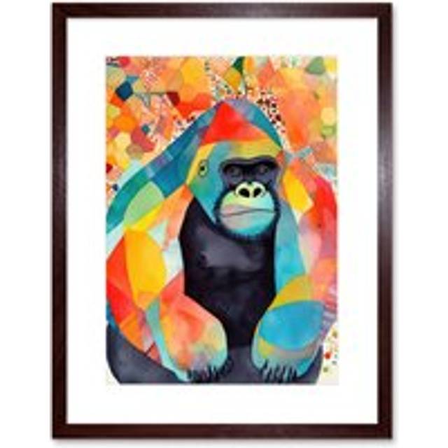 Wall Art Print Colourful Gorilla Folk Art Watercolour Painting Artwork Framed 9X7 Inch - Brown - W7 inch x H9 inch