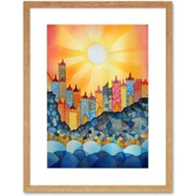 Wall Art Print Tangier Costal Cliff Sunrise Folk Artwork Framed 9X7 Inch - Beige - W7 inch x H9 inch