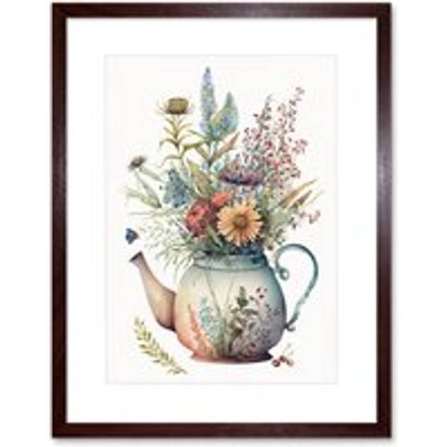 Wall Art Print Wildflower Floral Bouquet in China Pattern Teapot Artwork Framed 9X7 Inch - Brown - W7 inch x H9 inch