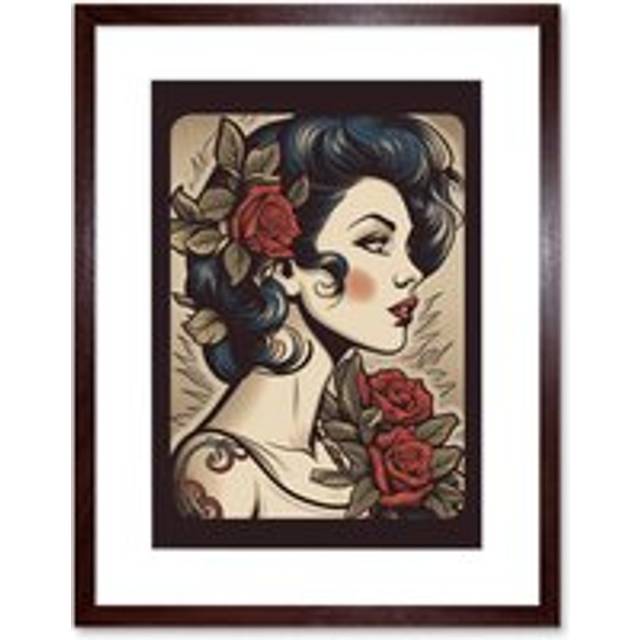 Wall Art Print Pin Up Girl Tattoo Ink Body Art Floral Retro Rockabilly Americana 50s Artwork Framed 9X7 Inch - Brown - W7 inch x H9 inch