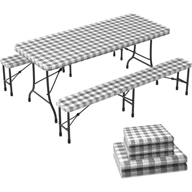 VOUNOT Set of 3 Picnic Bench Covers Elastic Outdoor Picnic Waterproof Tablecloth Grey-White Checked