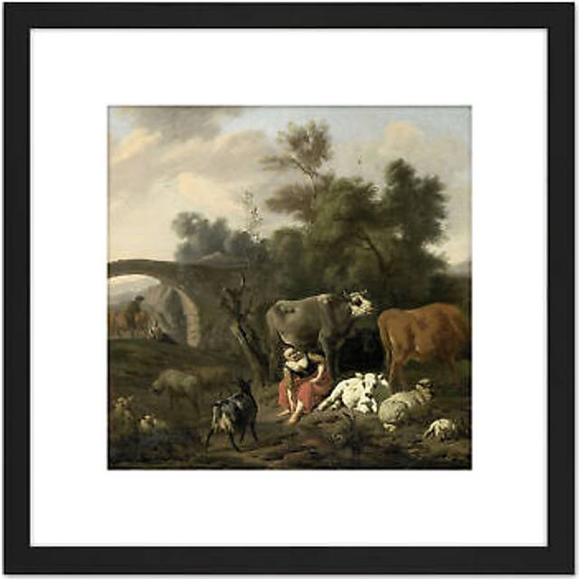 Van Bergen Landscape Herdsmen Cattle Painting 8X8 Inch Square Wooden Framed Wall Art Print Picture with Mount - Black - One Size
