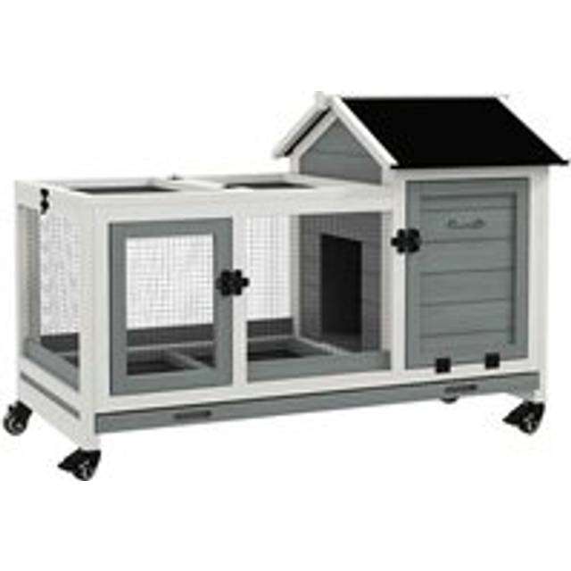 PawHut Wooden Rabbit Hutch - Small Animal House w/ Wheels - Removable Tray - Grey | TJ Hughes Yellow