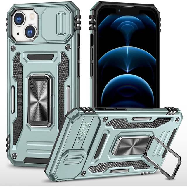 iPhone 15 Case with Slide Camera Cover, with Finger Ring Holder Stand, fit Magnetic Car Mount, for iPhone 15(Alpine Green)