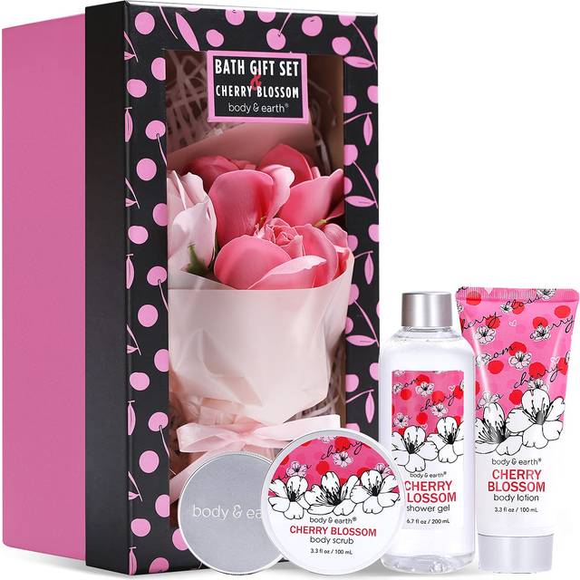 Bath and Body Gift Set for Women - Cherry Blossom Scent with Spa Gift Box  5 Piece Home Spa Set Includes Shower Gel  Body Scrub  Body Lotion