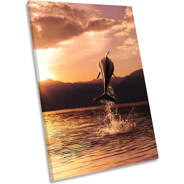 Dolphin Sunset Framed CANVAS WALL ART Picture Print (36cm H x 24cm W x 4cm D)