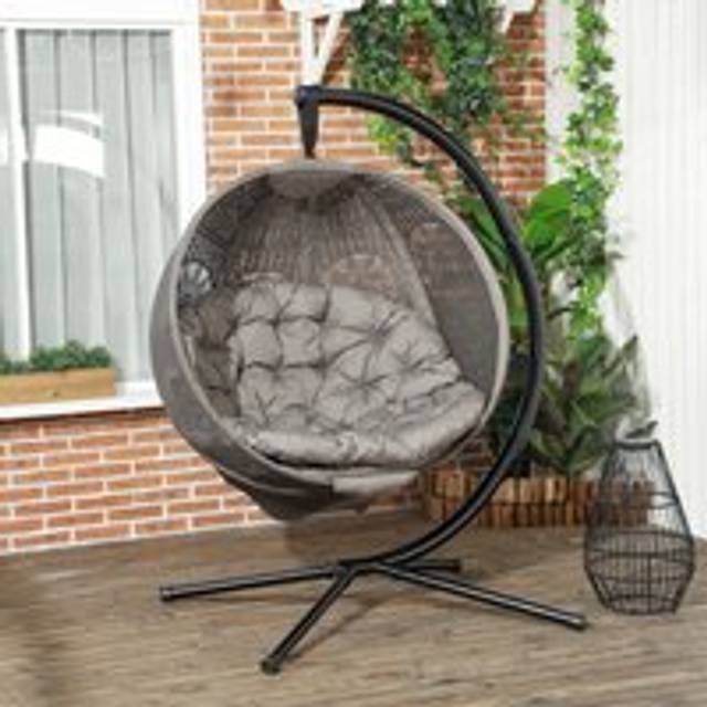 Outsunny Hanging Swing Chair W/ Metal Stand & Side Pocket - Sand | TJ Hughes