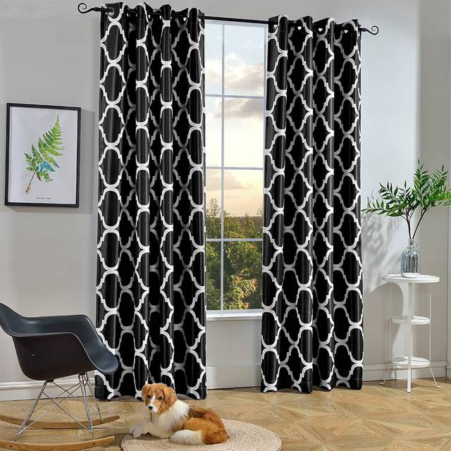 Melodieux Moroccan Room Darkening Blackout Grommet Top Curtains for Living Room  52 by 96 Inch  Black (1 Panel)