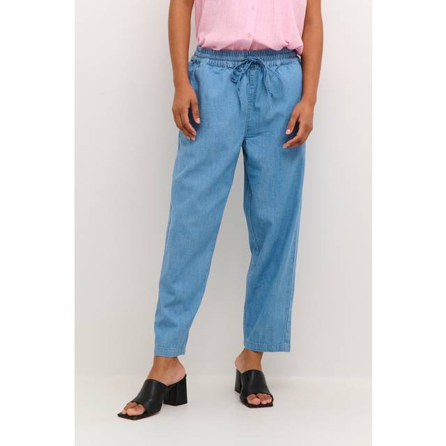 KAFFE Louise Cropped Elastic Waist Trousers, Medium Blue