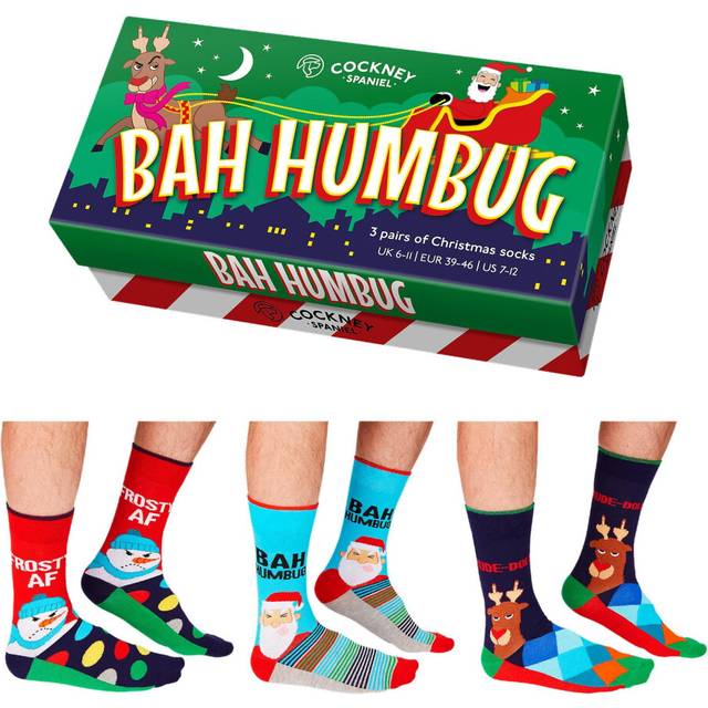Cockney Spaniel Box of 3 Christmas Socks Bah Humbug Men's Sizes UK6-11