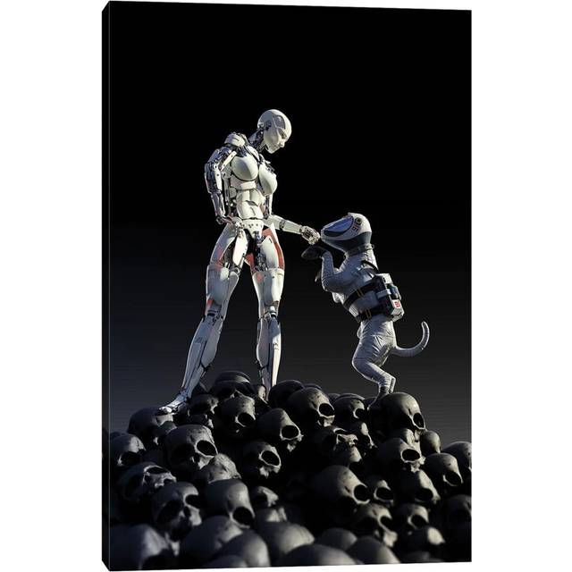 Robot and Dog Stands on a Pile of Skulls by Mike Kiev - Wrapped Canvas Photograph (30.48cm H x 20.32cm W x 1.91cm D)