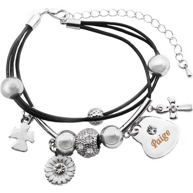 Kigu Paige Name Bracelet - Genuine Leather Multi Strand Bracelet & 18K White Gold Plated Engraved Heart Charm