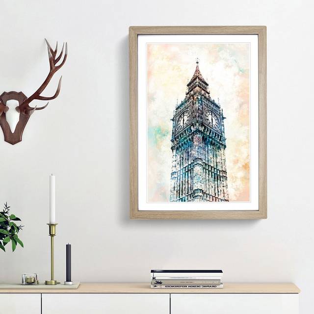 Big Ben London in Abstract - Picture Frame Painting Print - Oak Framed (87cm H x 62cm W x 2cm D)