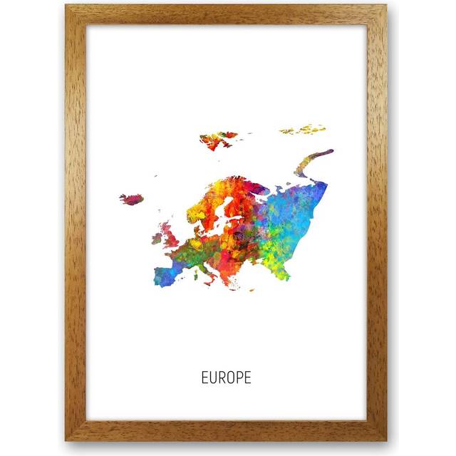 Europe Watercolour Map by Michael Tompsett - Graphic Art - Brown Framed (46cm H x 34cm W x 3cm D)