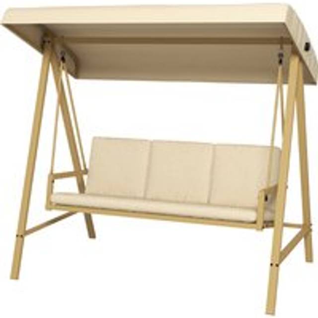 Outsunny 3 Seater Garden Swing Chair, Outdoor Hammock Bench With Adjustable Canopy, Removable Cushions And Steel Frame, Beige