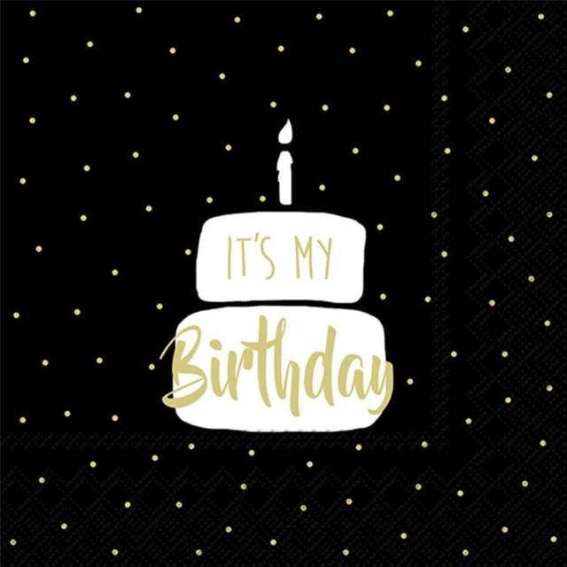 IHR Birthday Cake Black Gold Print Lunch Paper Napkins 20 Disposable 3-Ply
