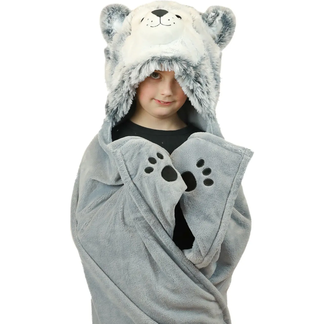 Kids hooded blanket & mittens one size plush animal wearable throw - husky dog